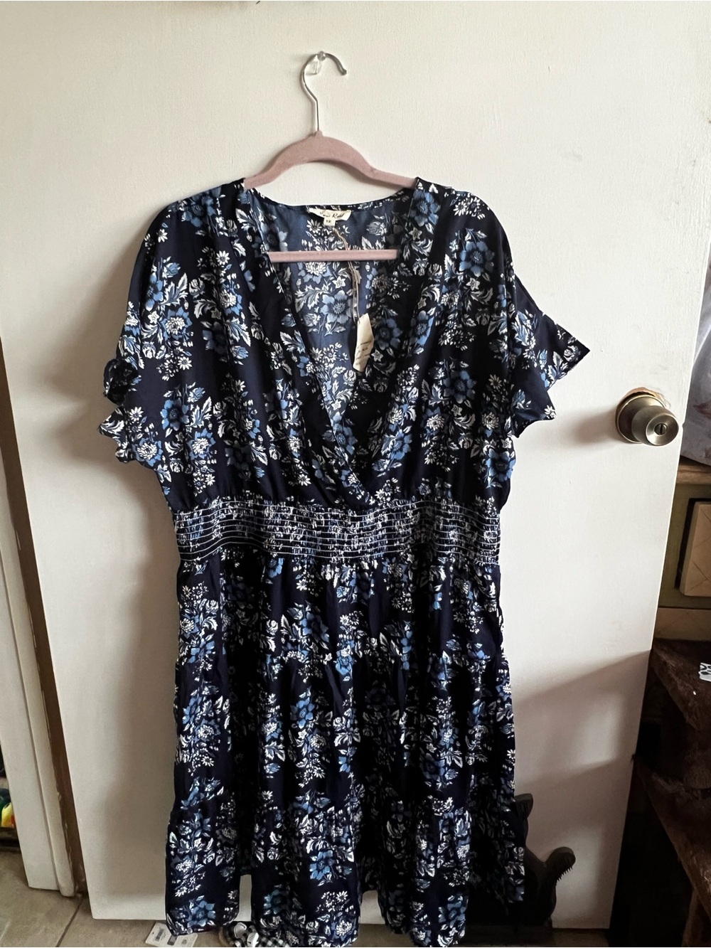 Navy Floral V-Neck Smocked Midi Dress